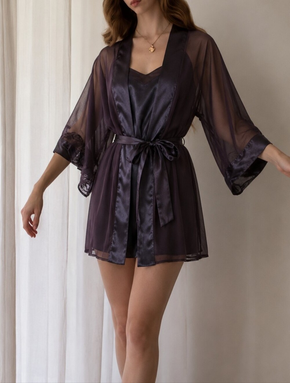 La Vie En Rose Purple Slip & Robe Large Sheer Belted Mini Short Lingerie